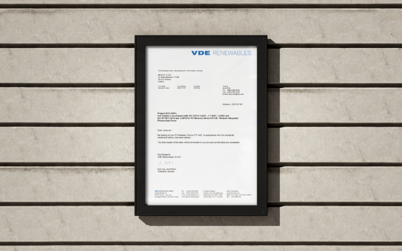 FIT VOLT panel sertifisering av VDE Testing and Certification